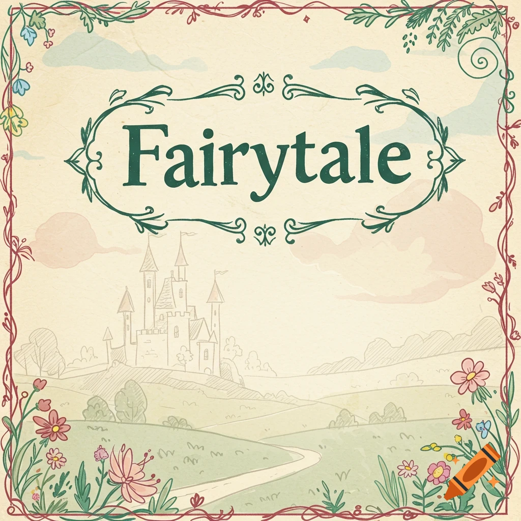 Fairytale title text over a simple drawing of a castle, landscape, and floral border.