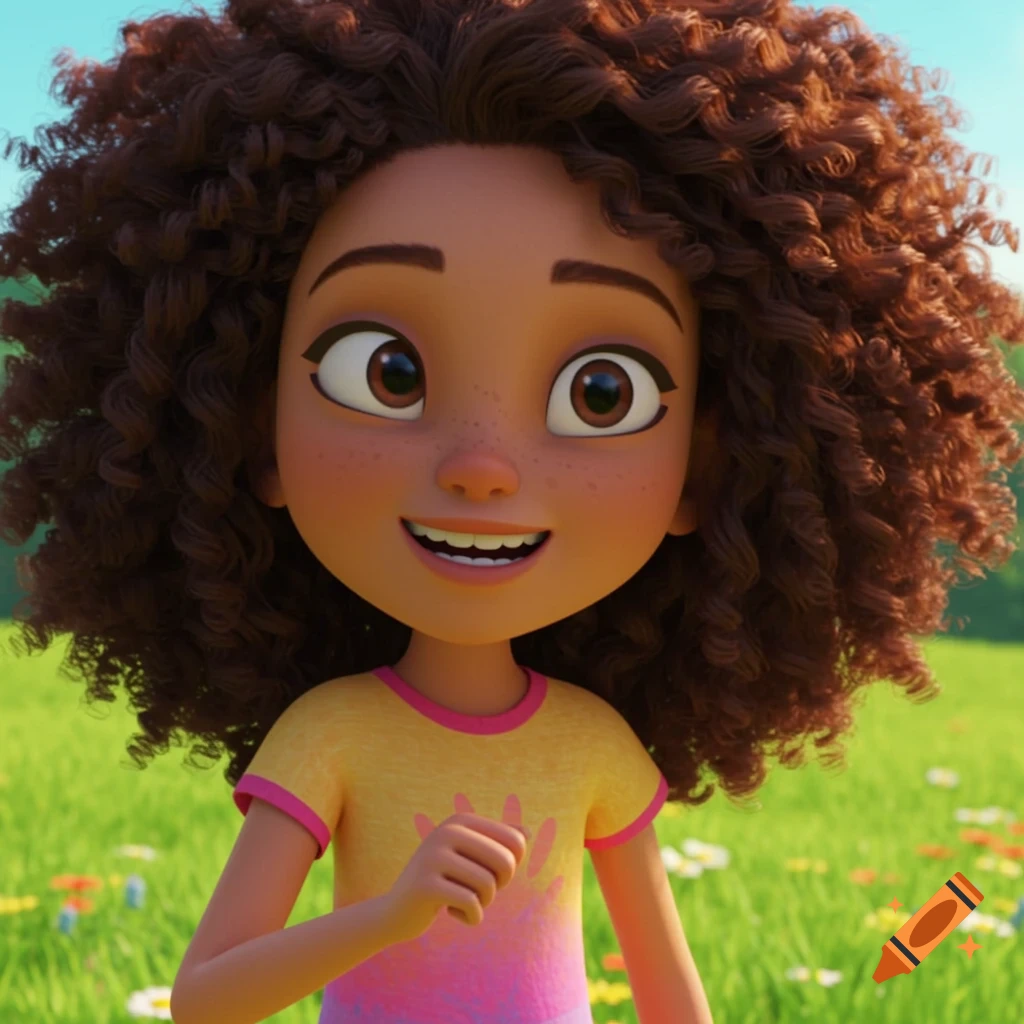 Close-up of a smiling animated girl with curly brown hair in a sunny meadow.
