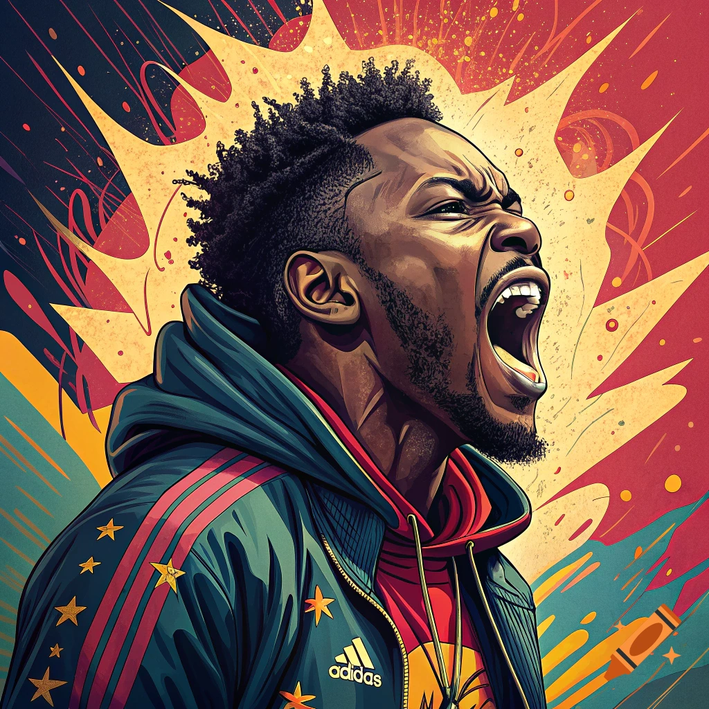 Stylized illustration of a man screaming dramatically with an explosion background.