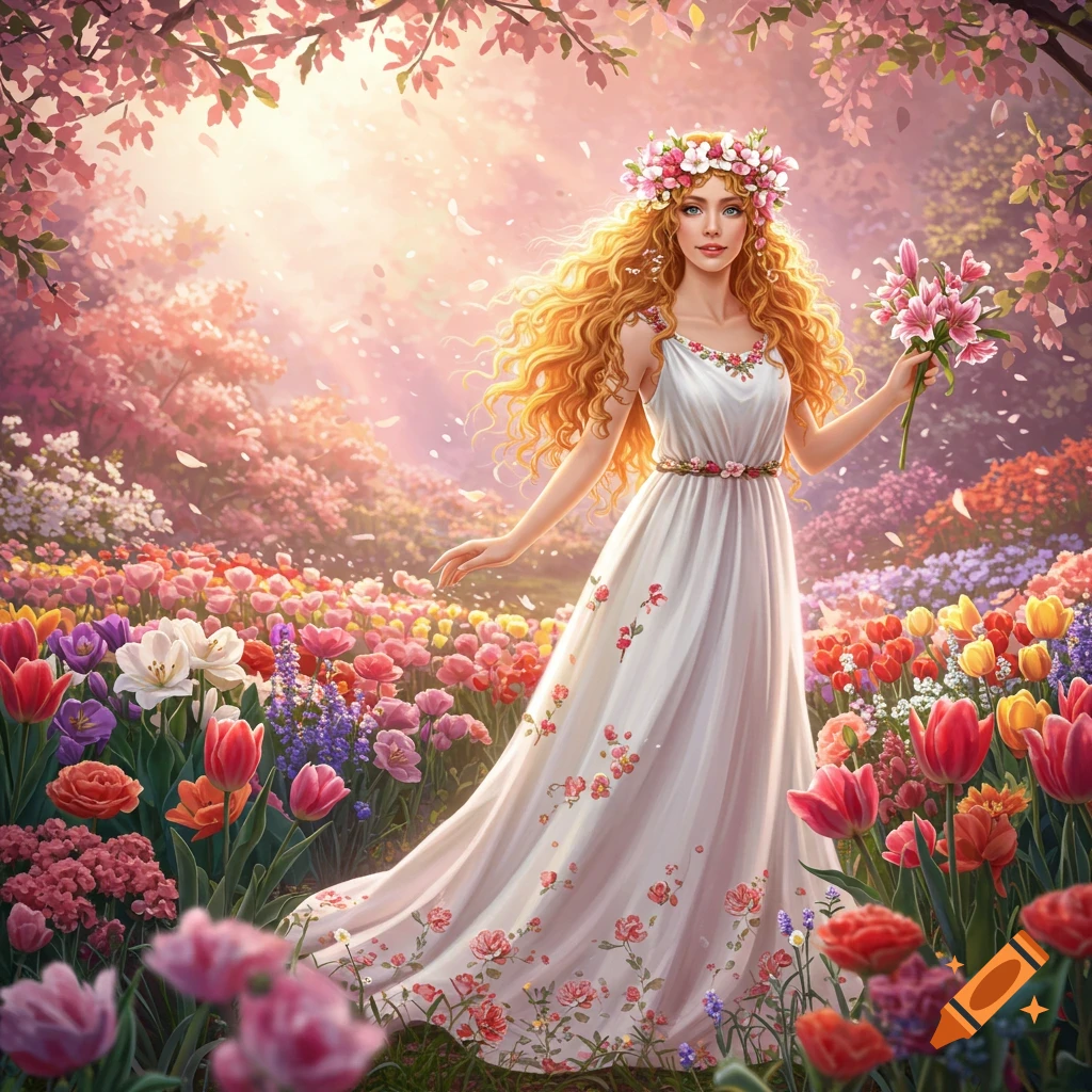 A woman in a white dress and flower crown stands in a vibrant spring garden filled with colorful flowers.
