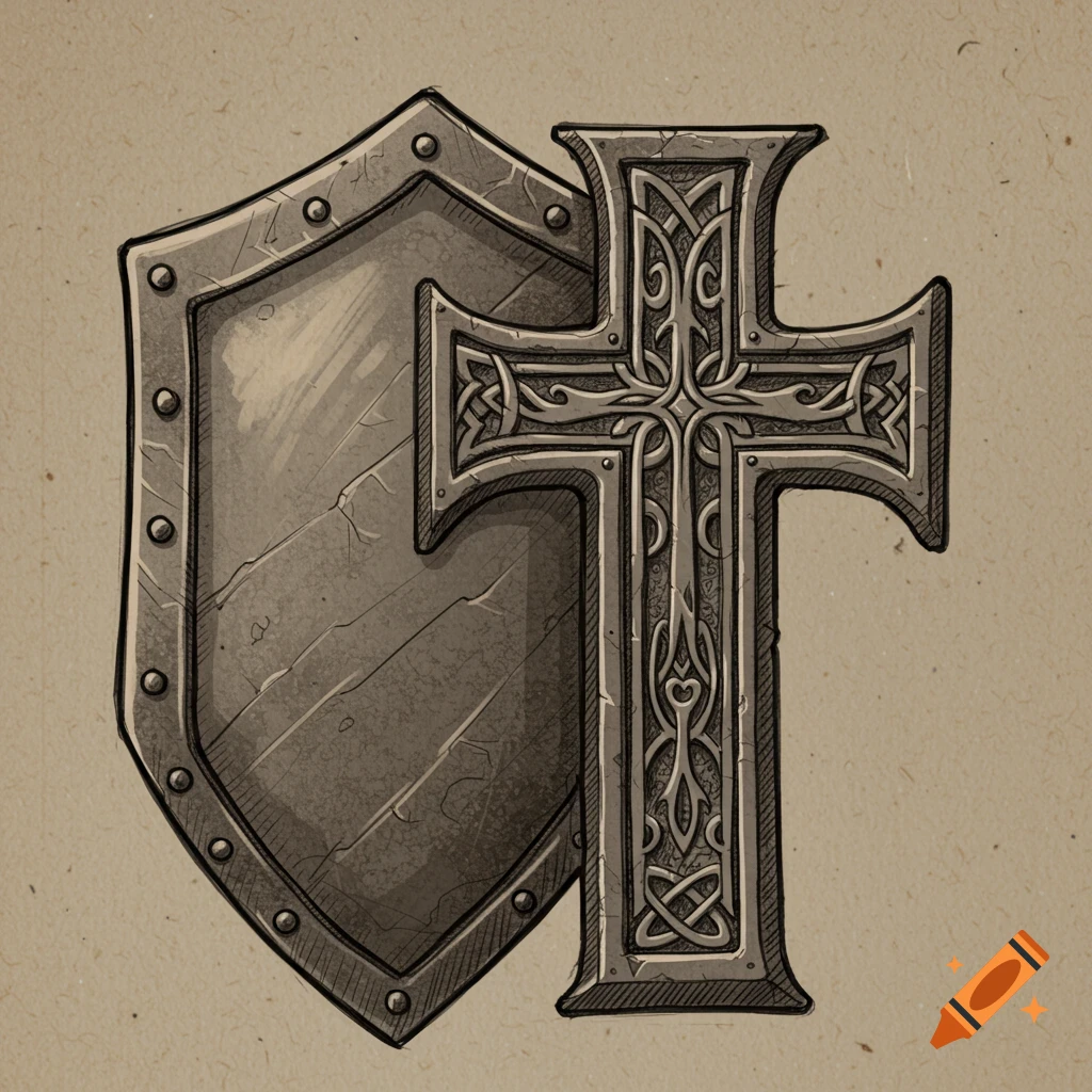Sketch illustration of a shield and a cross with intricate patterns in a heavy metal style.