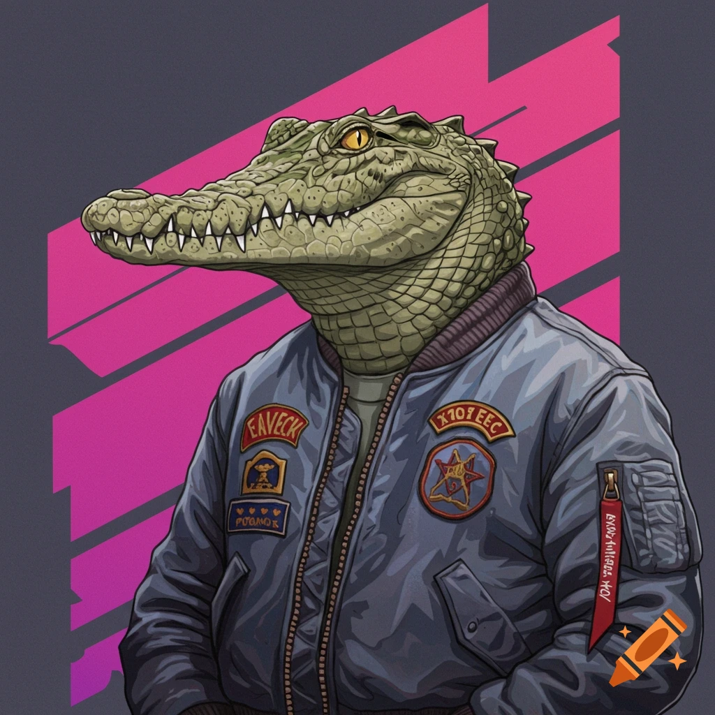 An anthropomorphic crocodile wearing a bomber jacket with patches.