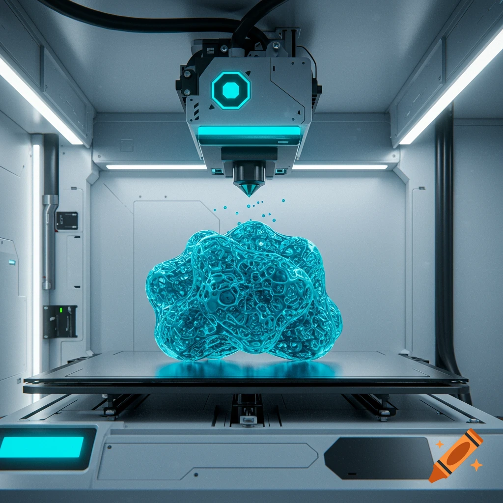 A futuristic 3D printer builds a glowing blue organic structure on a print bed, digital art.