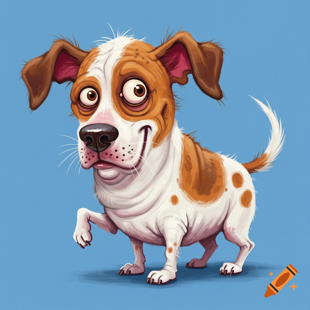 Cartoon illustration of a brown and white dog with large eyes, standing with a paw raised on a blue background.