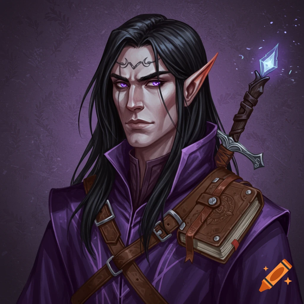 A male elf wizard with long black hair, purple eyes, purple robe, sword, and leather-bound book.