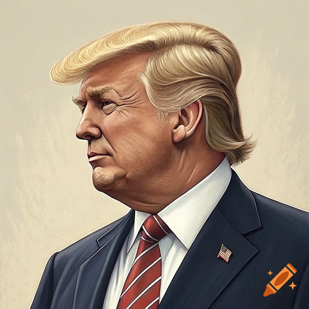 Profile portrait of Donald Trump in a suit and tie, rendered in an illustrative style.