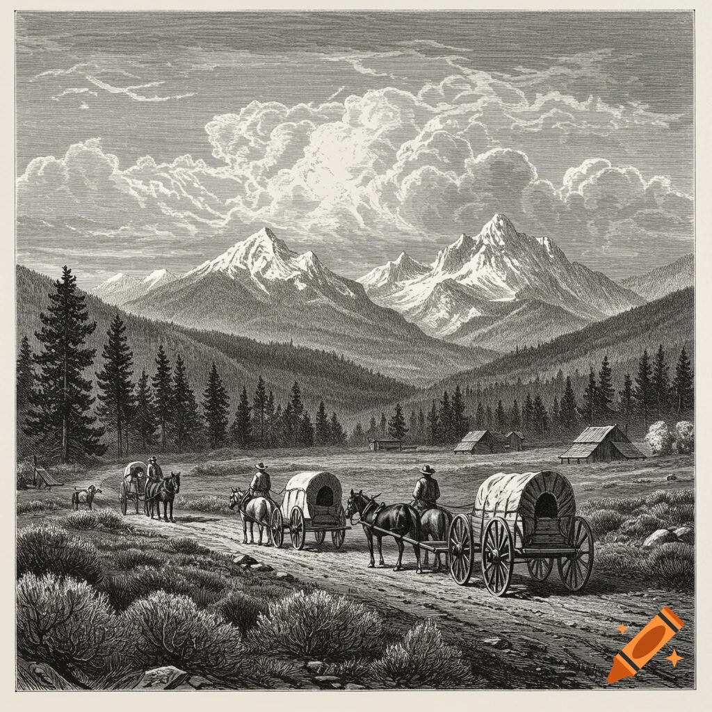 Black and white drawing of covered wagons pulled by horses traveling through a mountain valley with mountains in the background.
