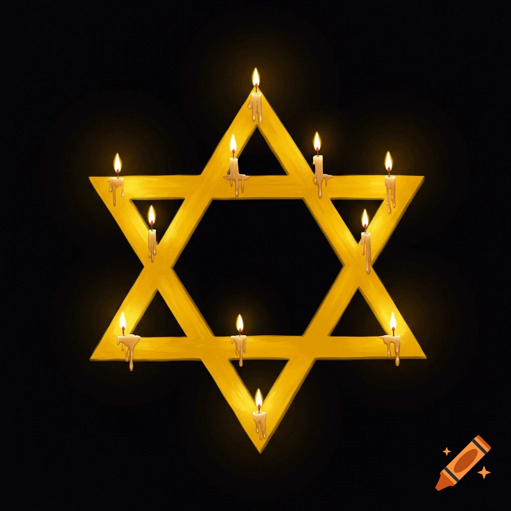 A golden Star of David decorated with lit candles and dripping wax against a dark background.