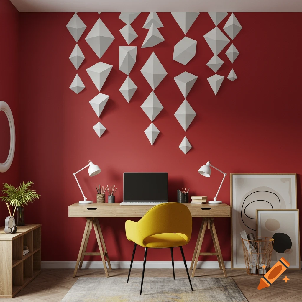 A modern home office with red walls featuring geometric white tiles, a wooden desk, a yellow chair, and framed artwork.