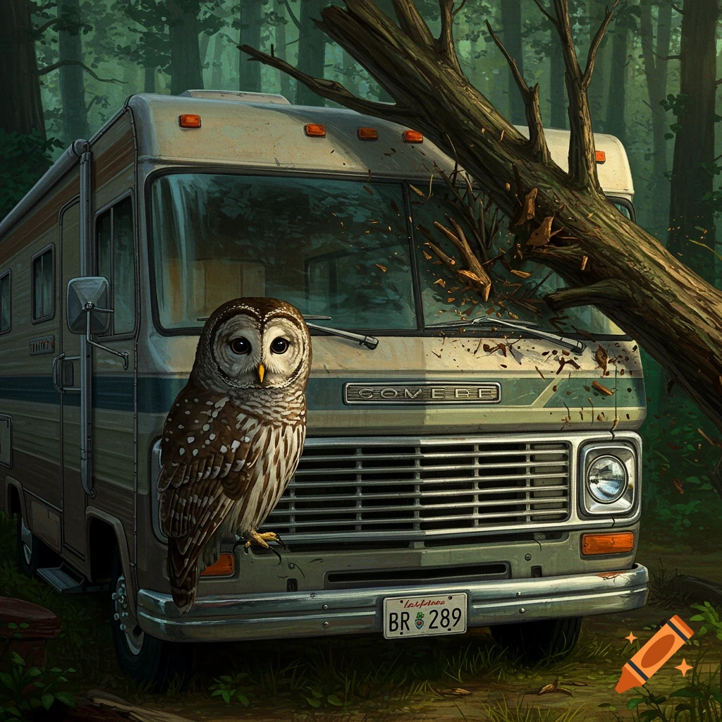 An owl is perched on the grille of an RV with a fallen tree next to it.