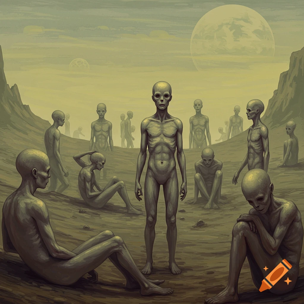 Gaunt humanoid figures in a barren landscape under a large moon.