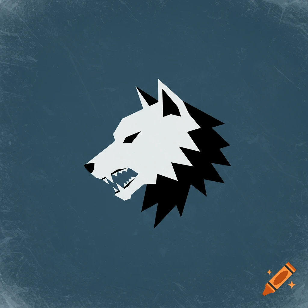 Minimalist white and black wolf head logo on a frost blue background.