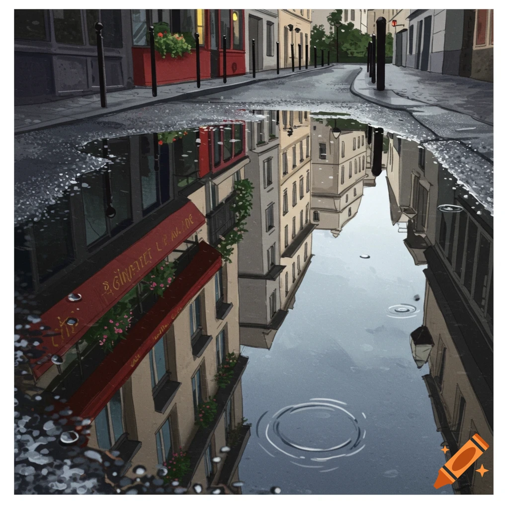 A French street scene is reflected in a large puddle.