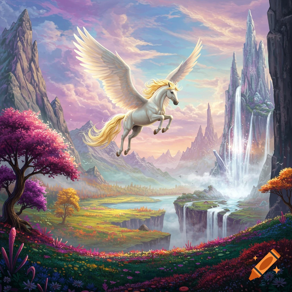 A white pegasus flies over a vibrant fantasy landscape with mountains, waterfalls, and colorful flowers.