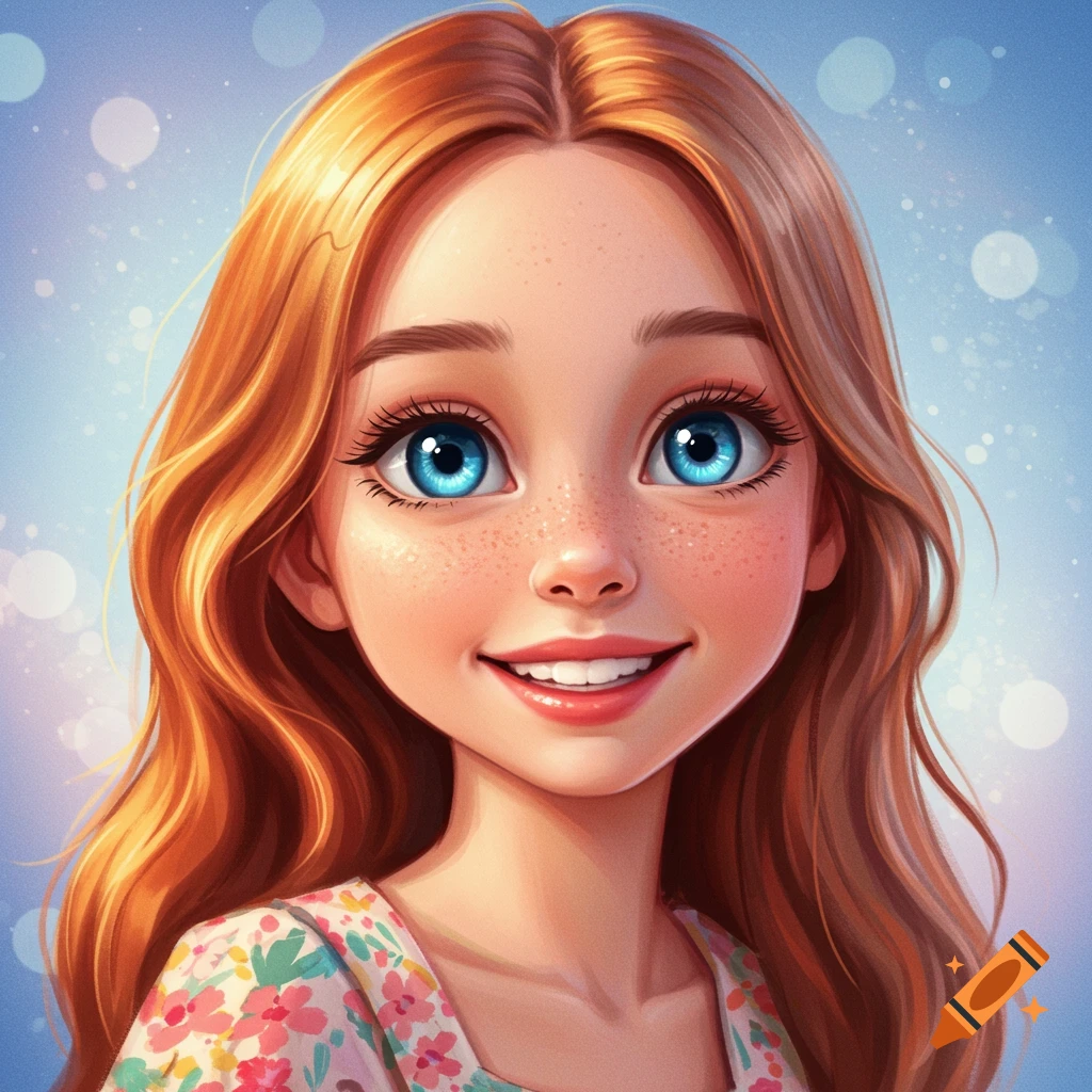 A smiling girl with auburn hair and blue eyes.