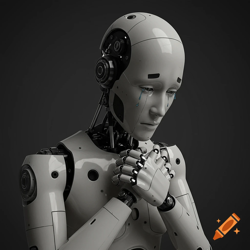 A white robot with tears streaming down its face holds its hands together.
