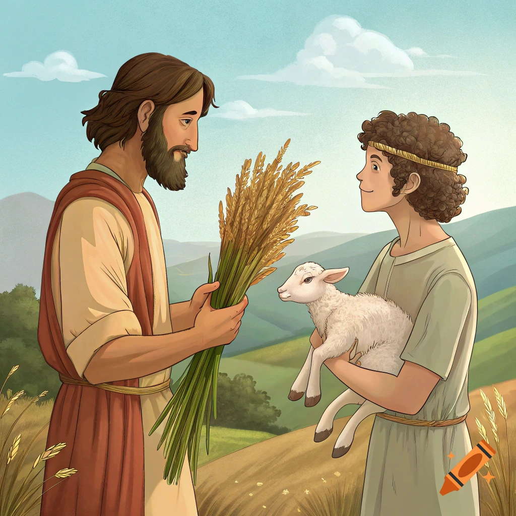 Two men, one holding wheat and one holding a lamb, standing in a field in an illustration style.