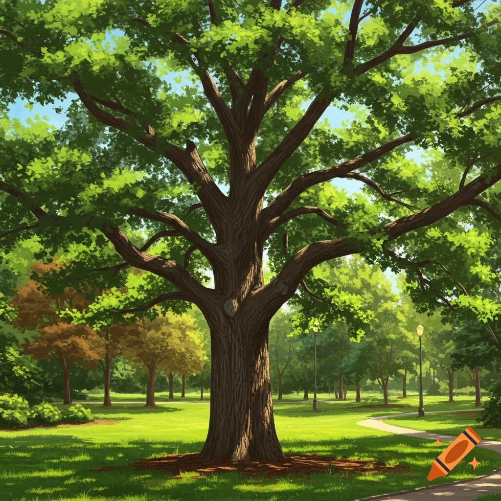 A large tree stands in the center of a park with a winding path.