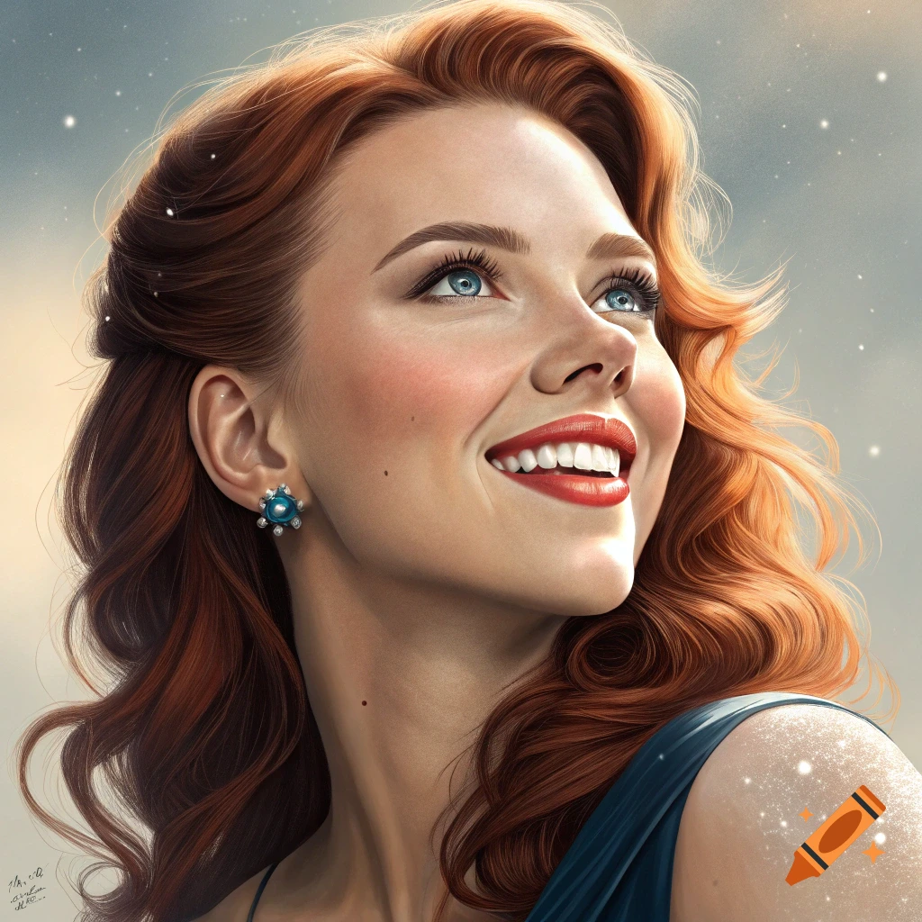 A smiling woman with red hair and blue eyes looks up at a starry sky.