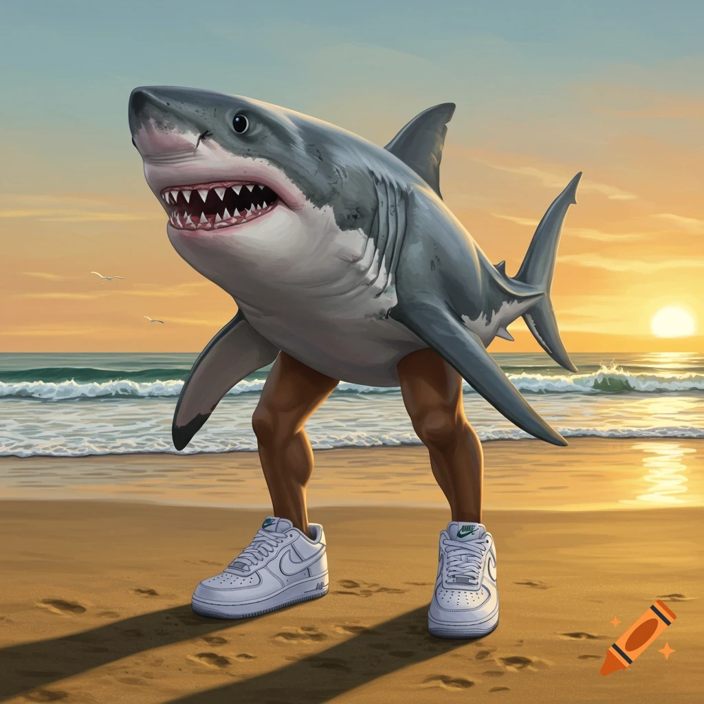 A great white shark with human legs and white sneakers stands on a beach at sunset.