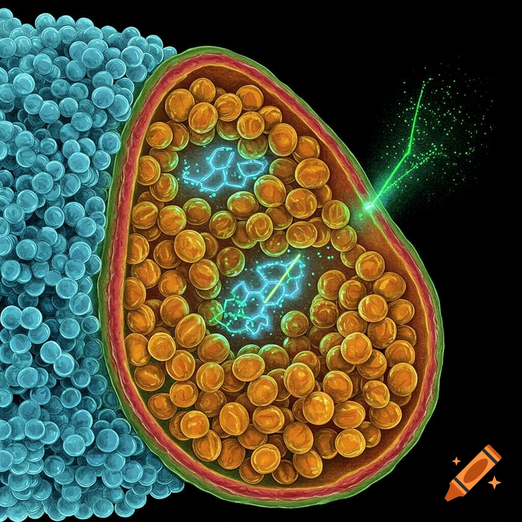 Microscopic cross-section of a liposome filled with orange spheres, next to blue spheres, with glowing blue molecules inside.