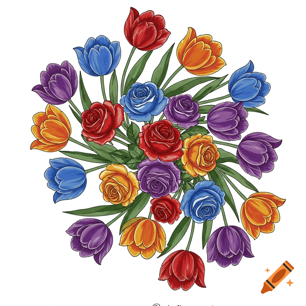 A colorful bouquet of red, blue, purple, orange, and yellow roses and tulips.