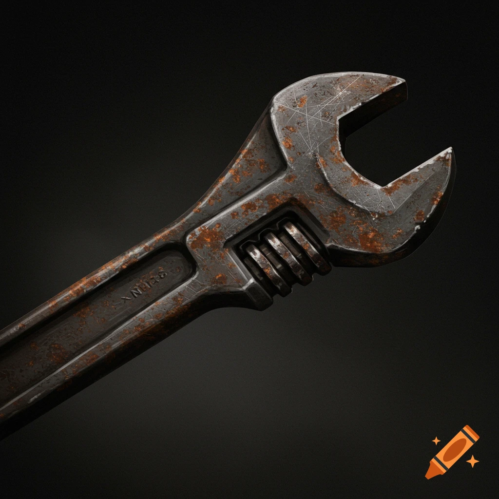 A close-up of a rusty vintage monkey wrench.