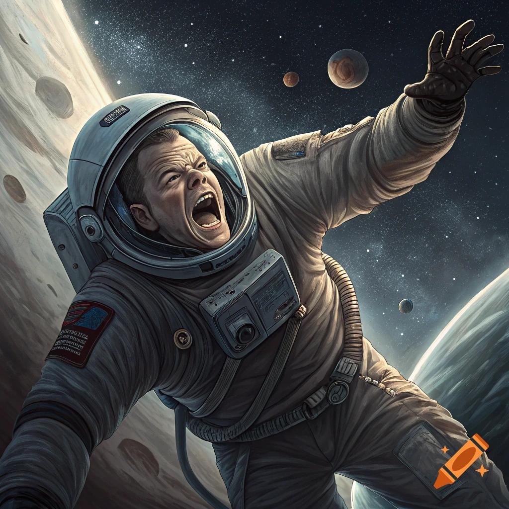 Photorealistic image of an astronaut screaming in space with planets and stars in the background.