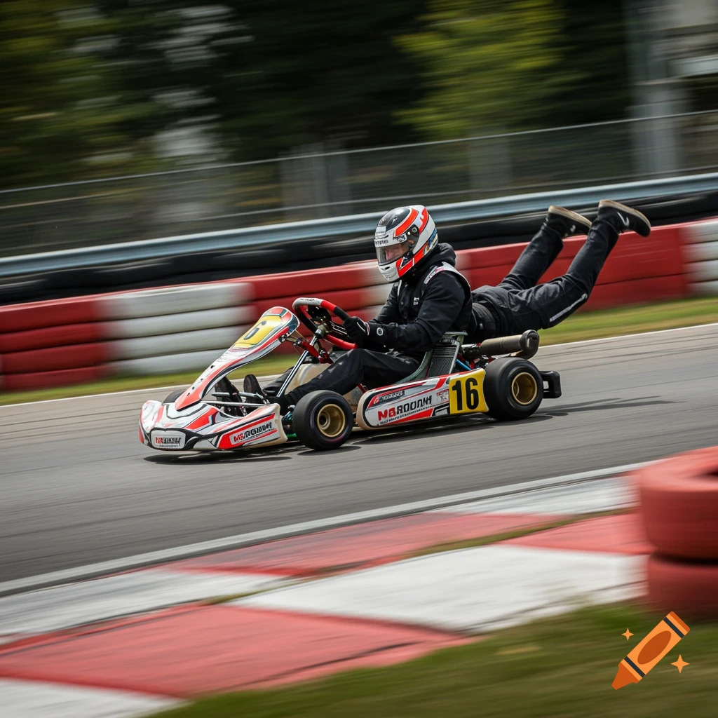 A person flying horizontally behind a go-kart on a race track, gripping the steering wheel, with motion blur.