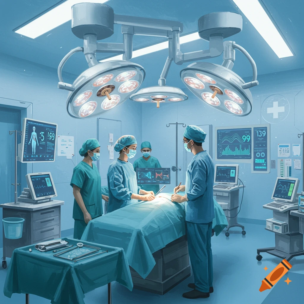 Surgeons performing surgery in a sterile operating room with medical equipment and monitors.