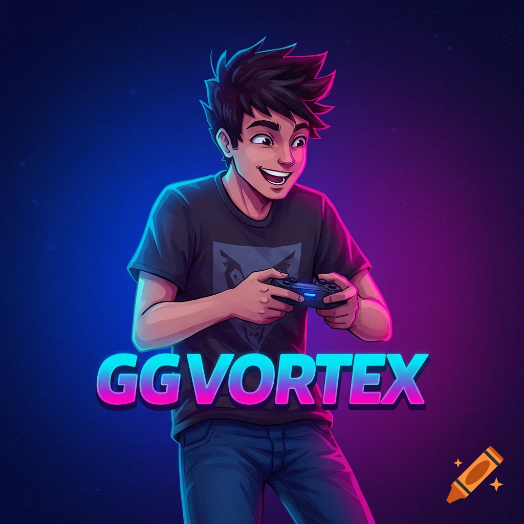 A happy cartoon character playing a video game with the text GG VORTEX.
