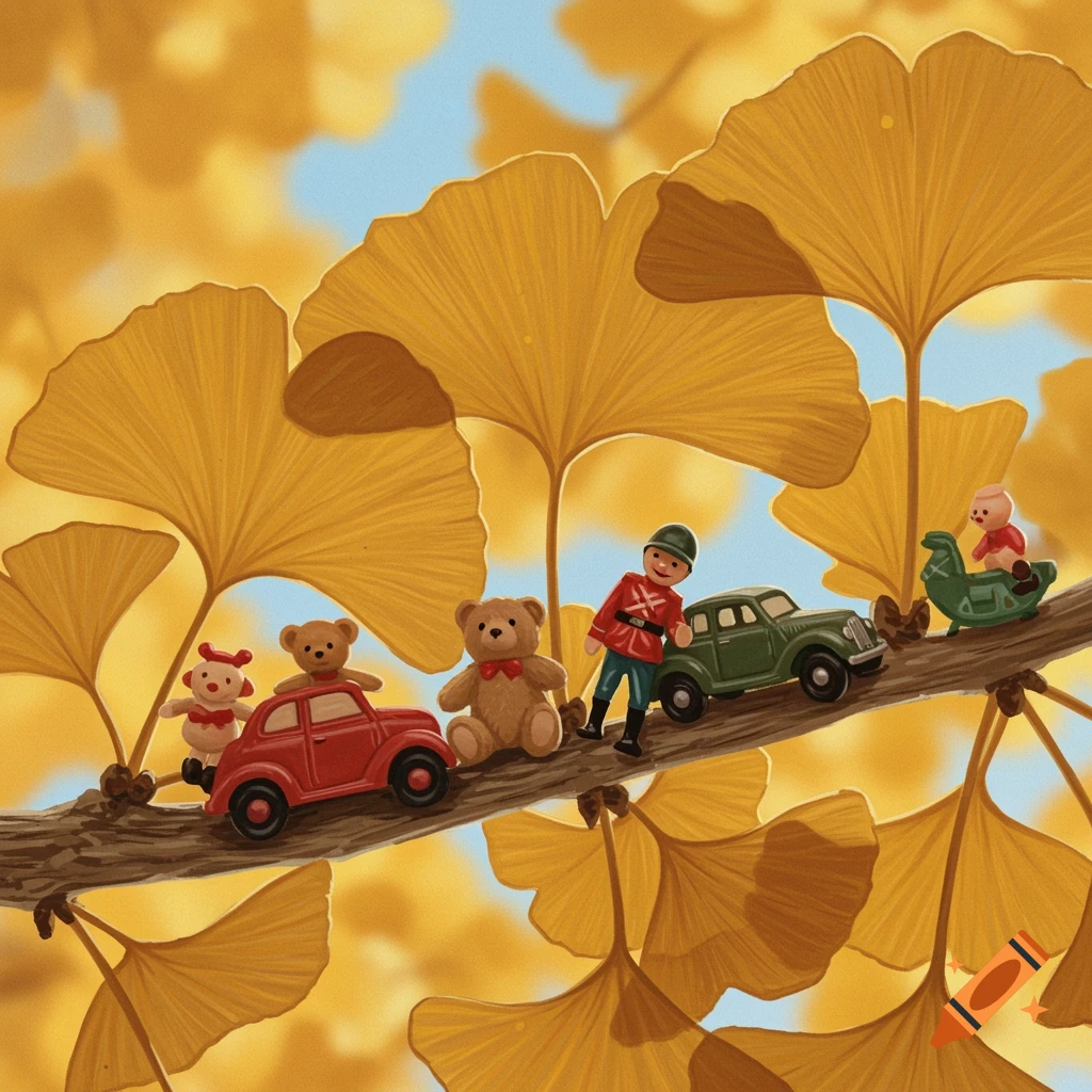 Miniature toy figures, including teddy bears and cars, are arranged on a branch surrounded by large golden ginkgo leaves.