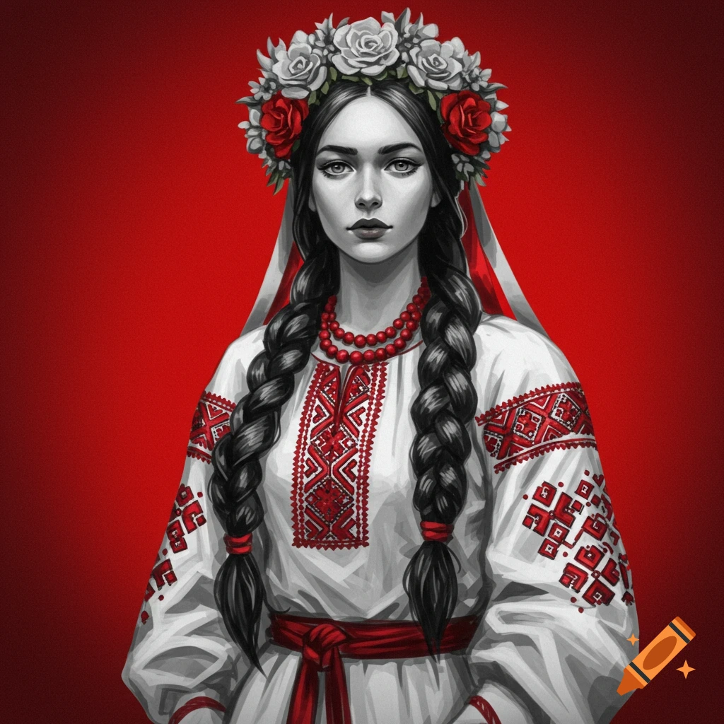 Ukrainian woman in a vyshyvanka shirt with braids, a floral wreath, and red beads against a red background.