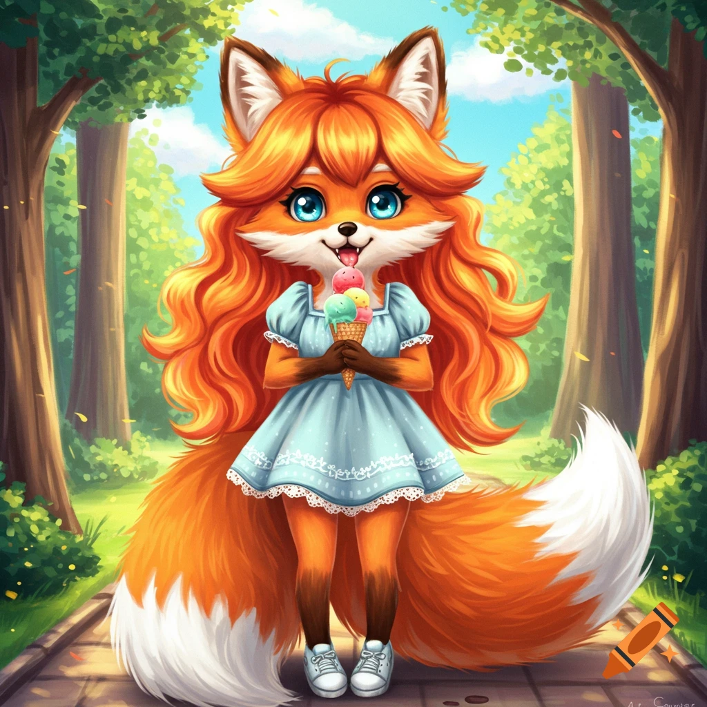A cartoon fox girl in a blue dress is holding ice cream in a park.