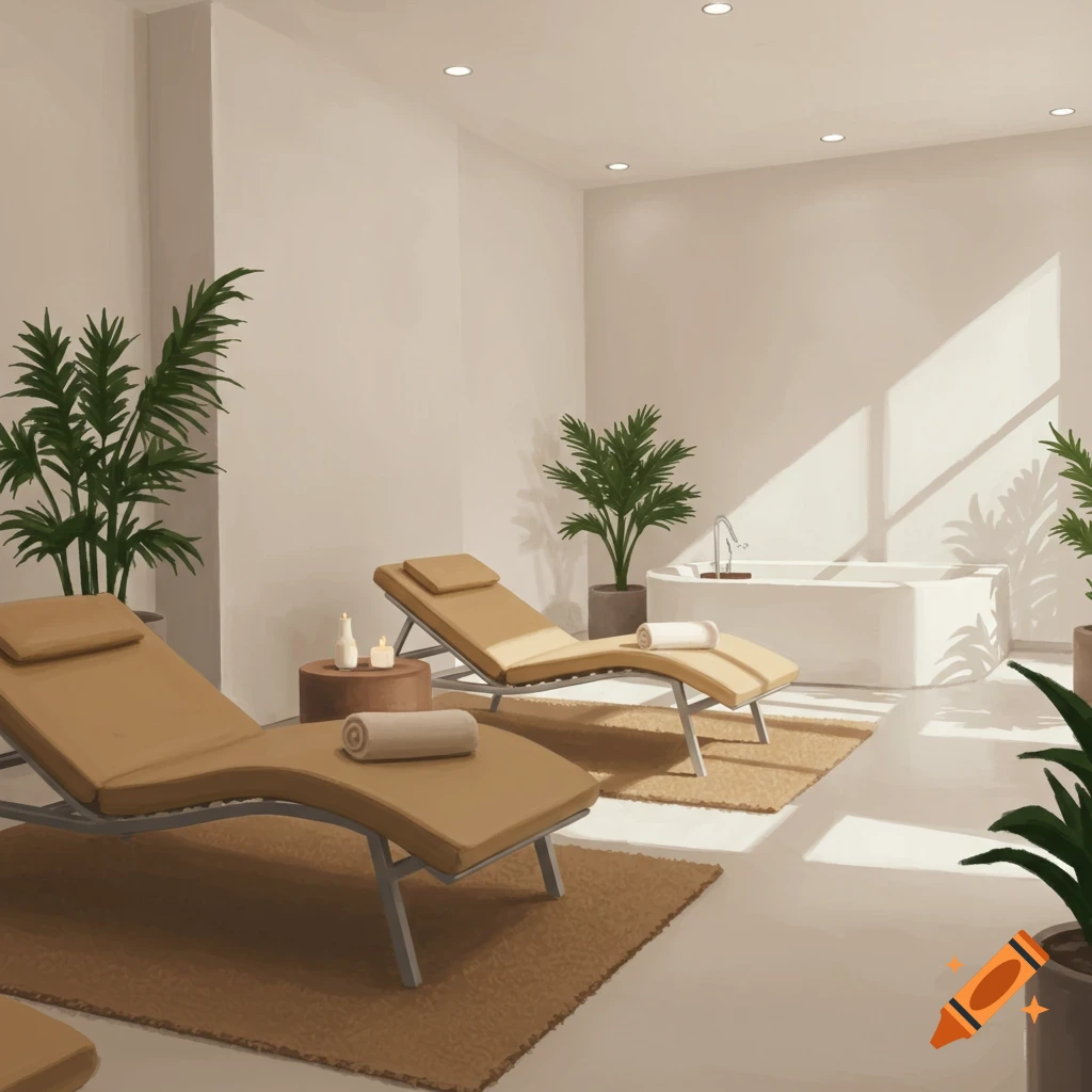 A serene spa studio featuring lounge chairs, lush plants, and a freestanding bathtub.