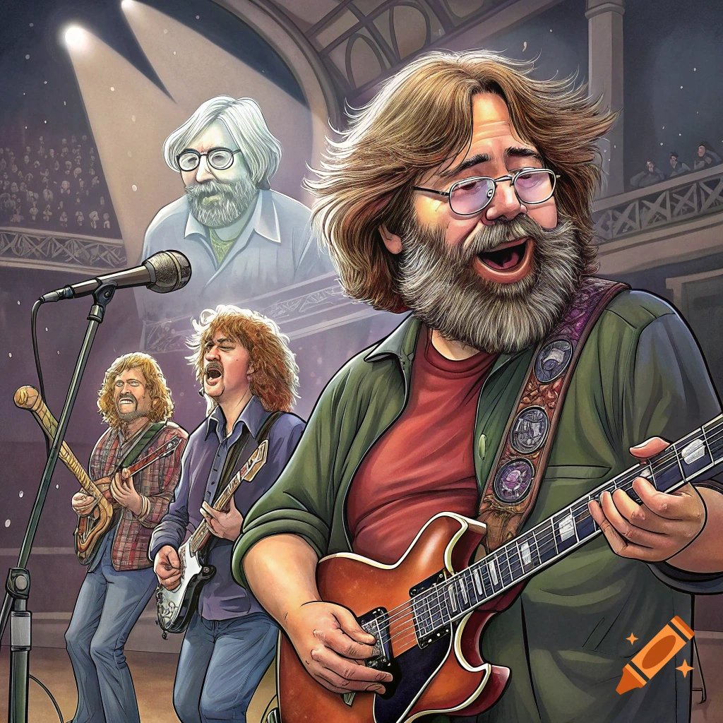 Illustration of musicians resembling Jerry Garcia and others playing guitars on a stage.