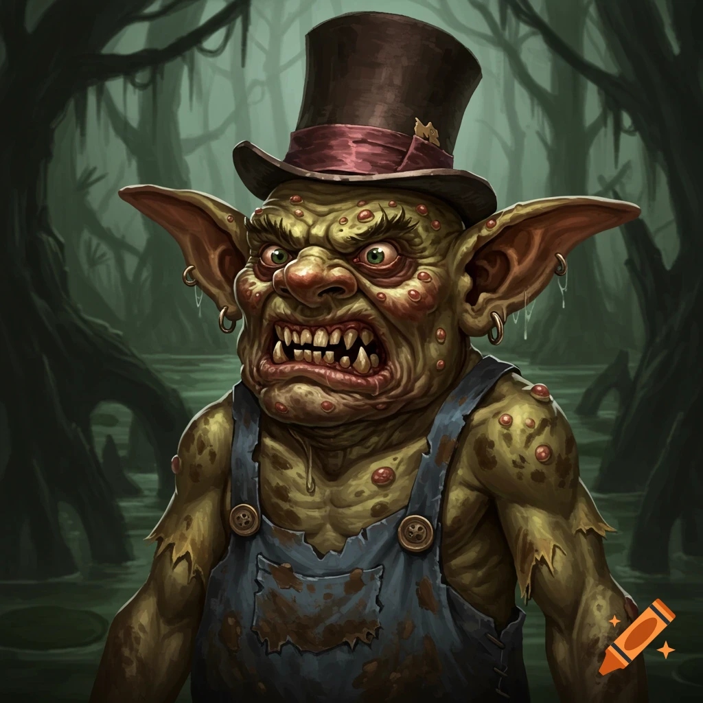 An angry, ugly goblin in overalls and a top hat stands in a swamp.