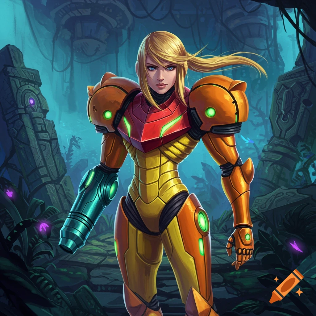 Samus Aran in her power suit standing in ancient ruins.