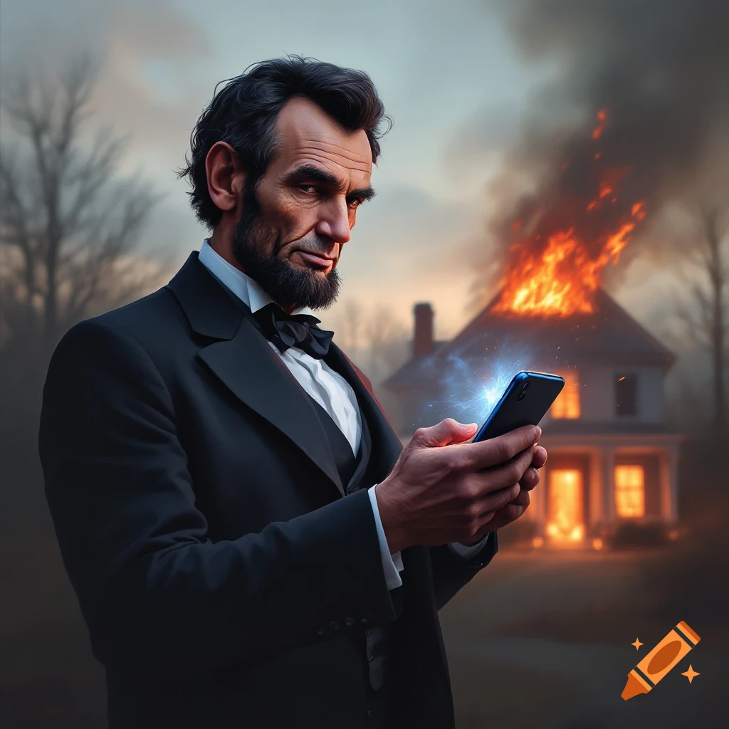 Abraham Lincoln holding a glowing phone in front of a burning house.