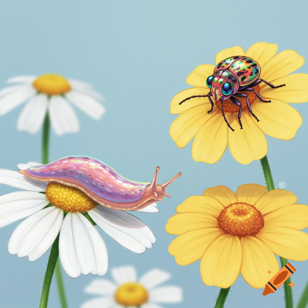 A slug on a white daisy and a colorful beetle on a yellow flower against a blue background.