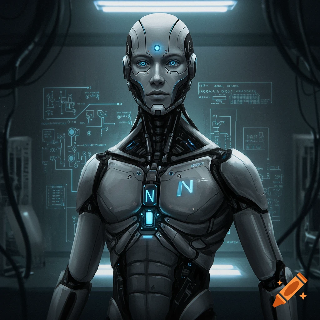 A humanoid robot with blue glowing eyes and chest in a sci-fi lab.