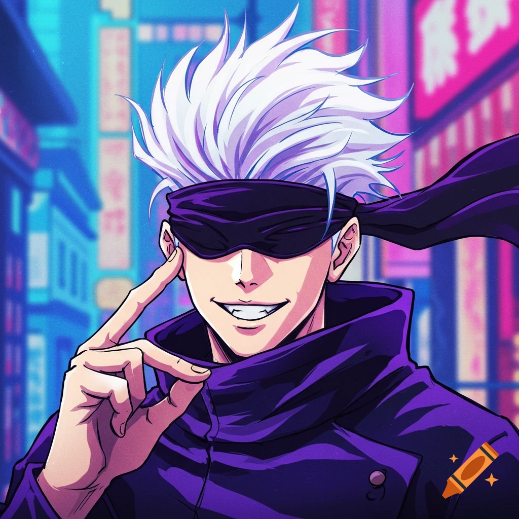 An anime character with white spiky hair and blindfold stands against a neon city background.