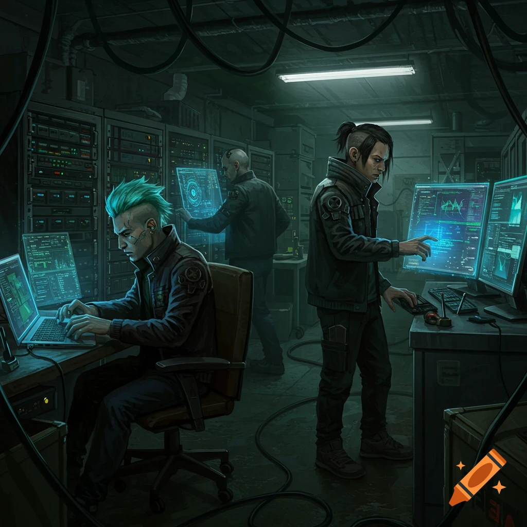 Three hackers are working on computers and servers in a dark, cluttered room.