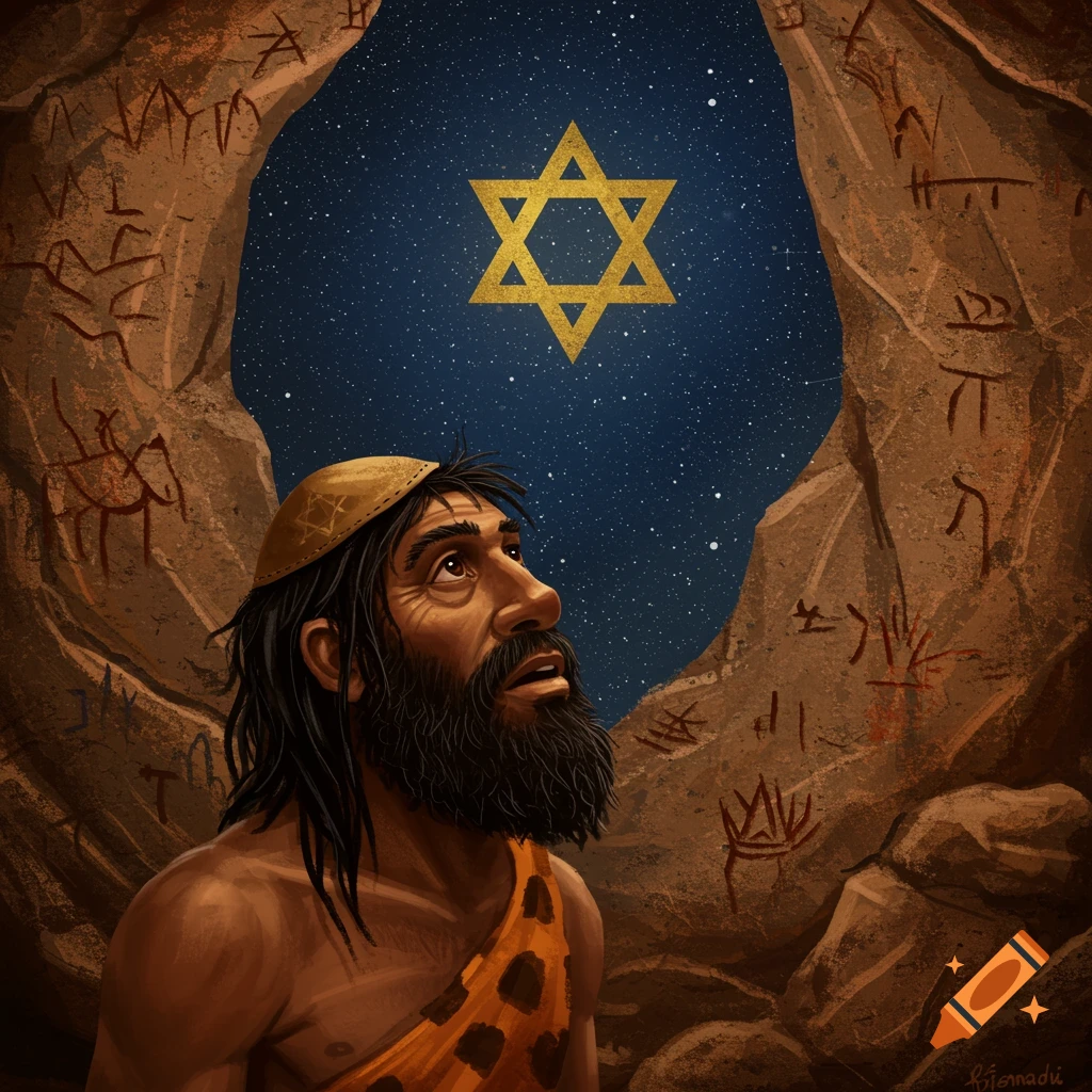 A caveman in a cave wears a kippah and looks up at a golden Star of David in the night sky.