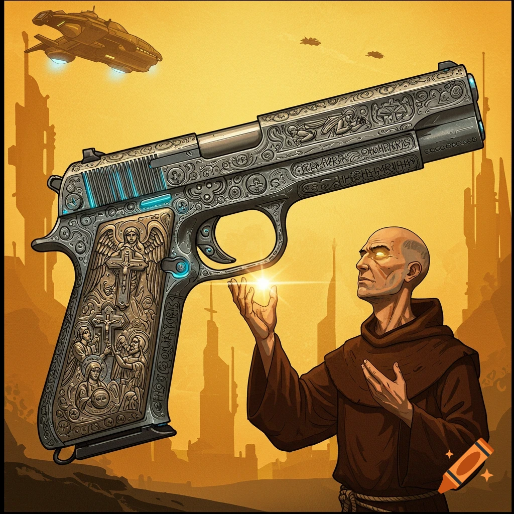 A monk blessing a large ornate sci-fi pistol floating beside him, with a futuristic city and ships in the background.