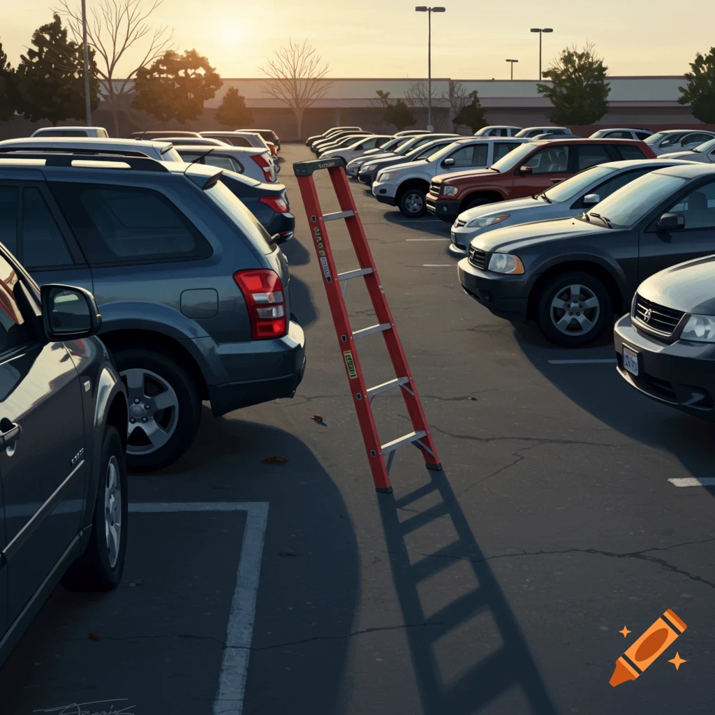 A red ladder stands in a parking lot filled with cars under a sunset sky.
