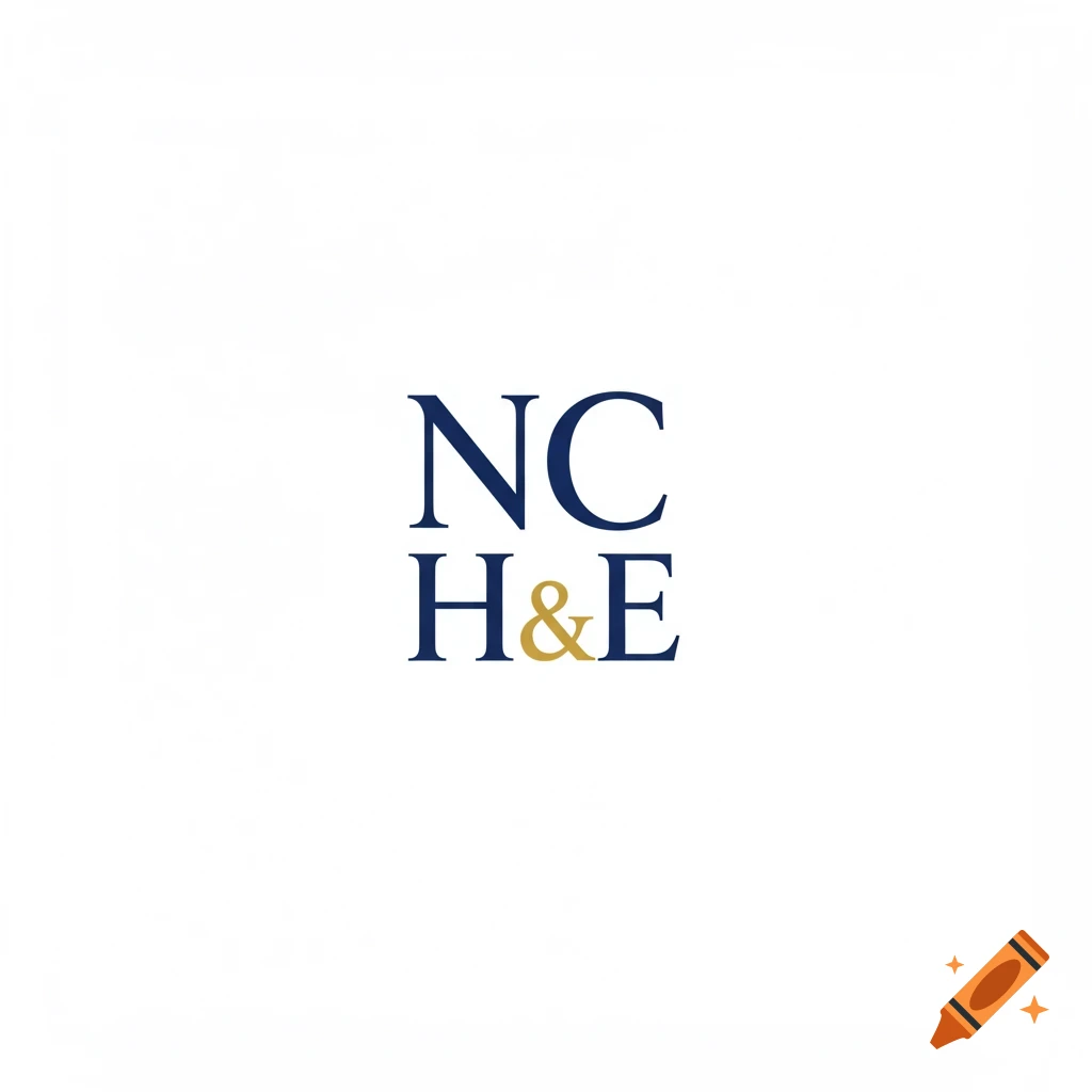 Logo with stacked text 'NC' in blue over 'H&E' with a gold ampersand