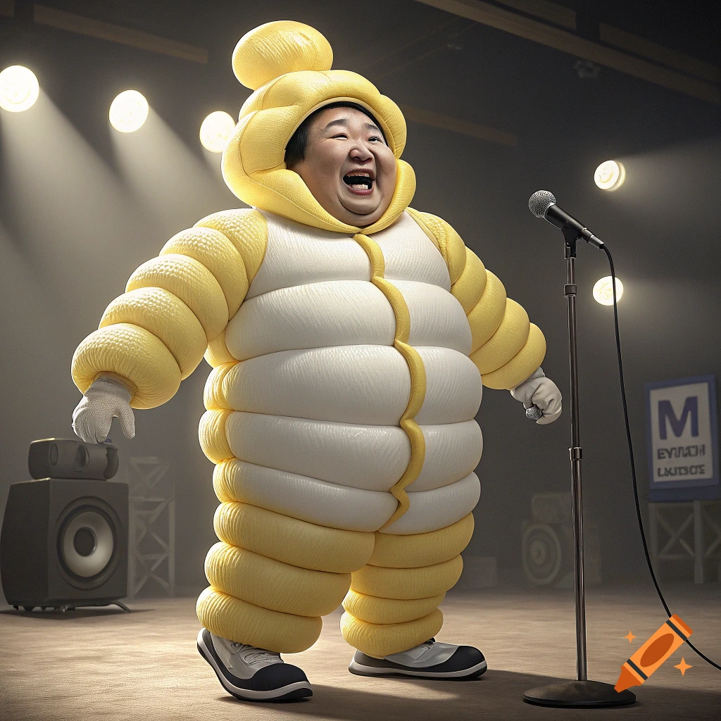 Comedian Bobby Lee in a white and yellow Michelin Man costume stands on a stage with a microphone.