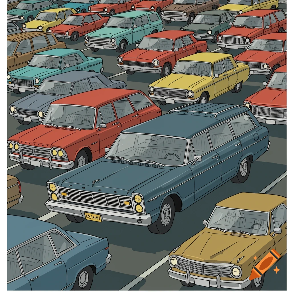 Illustration of many classic cars in a traffic jam.