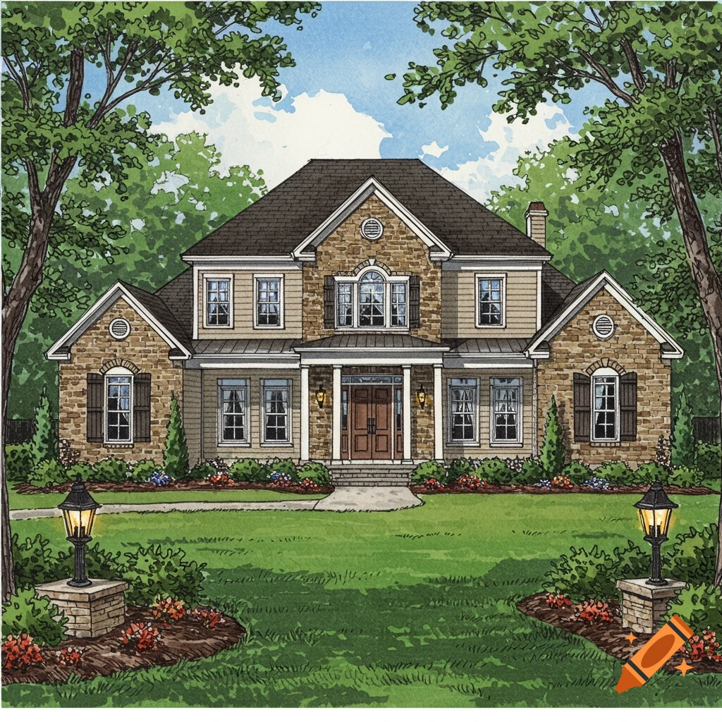 An illustrated watercolor painting of a large two-story house with stone and siding, surrounded by trees and landscaping.